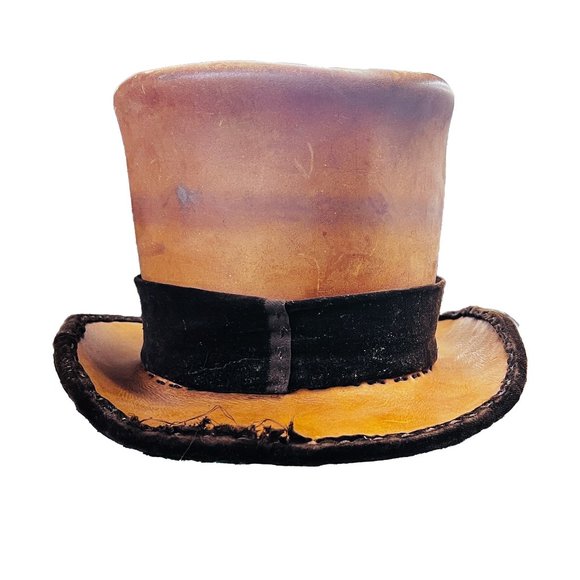 Vintage Handstitched Tan Leather Top Hat with Velvet Trim, Unique Steampunk - Picture 2 of 7